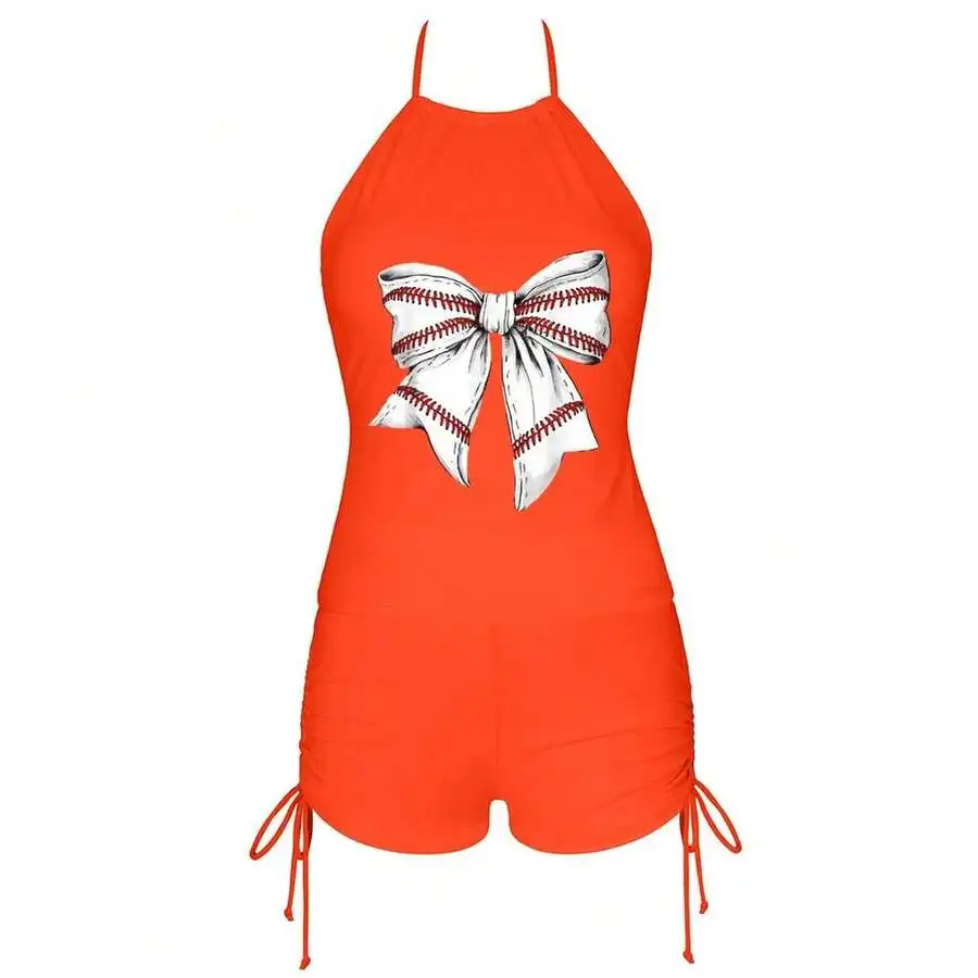 

Womens Softball Bow Tankini Set With Drawstring Shorts Modest Tummy Control Swimsuit