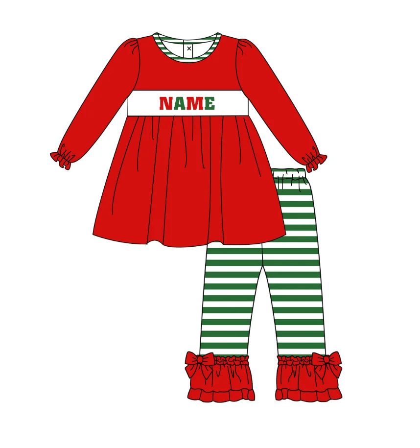 2024 Boutique Baby Boutique Long Sleeved Red T-shirt Name Embroidery Round Neck Boy Green Stripe Clothes And Girl Set Clothes