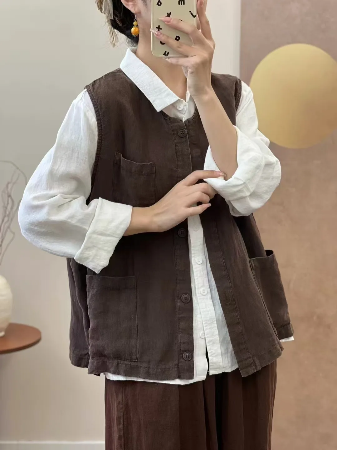 Autumn 2024 New Pure Linen Loose Women's Jaet Svel Outerwear Retro Artistic Sle Slimming Ladies Vest Top