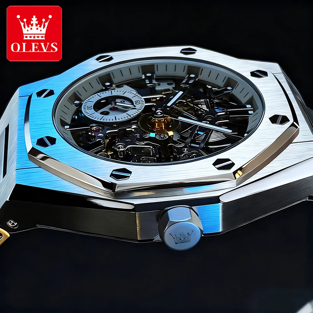 ساعات رجالية فاخرة من OLEVS مصنوعة من الفولاذ الناعم مفرغة ذاتية الملء دولاب الموازنة وحركة الياقوت ساعة يد ميكانيكية أوتوماتيكية 6669 #2