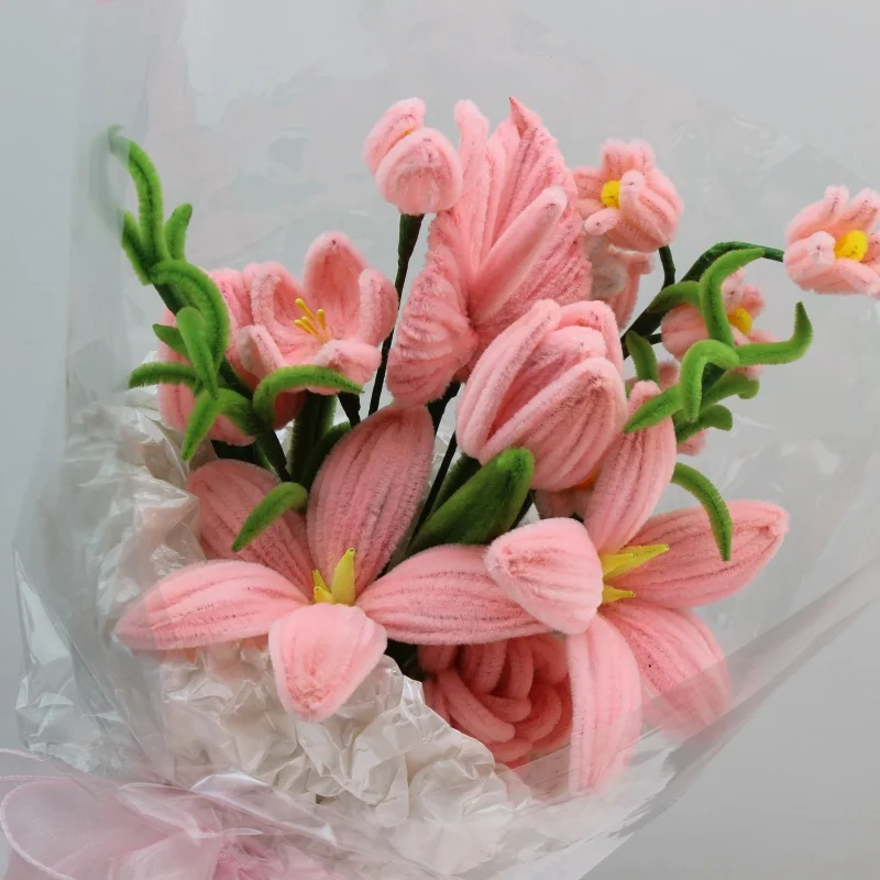 PIPE Pink Tulip flower Bouquets Handmade Artificial Flower Christmas‘ Day Gifts Lily Fake Flowers Home Decor