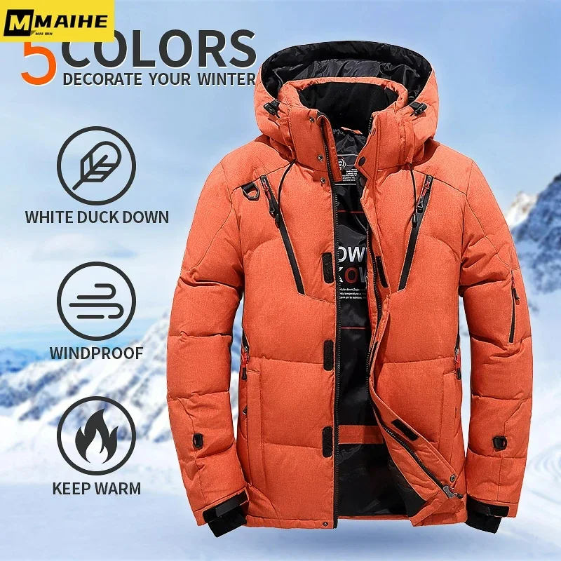 ลงเสื้อแจ็คเก็ตผู้ชายเป็ดสีขาวฤดูหนาวเสื้อWindproof WARM Parkas Travel Camping Overcoatใหม่ในThickenสีทึบHoodedเสื้อผ้า