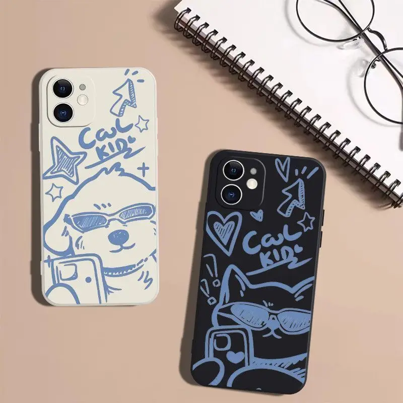 Dog Cat Graffiti Couple Phones Case For IPhone 11 12 13 14 15 Pro Max Mini X XR 7 8 SE Plus SE Carton Animals Cute Puppy Covers