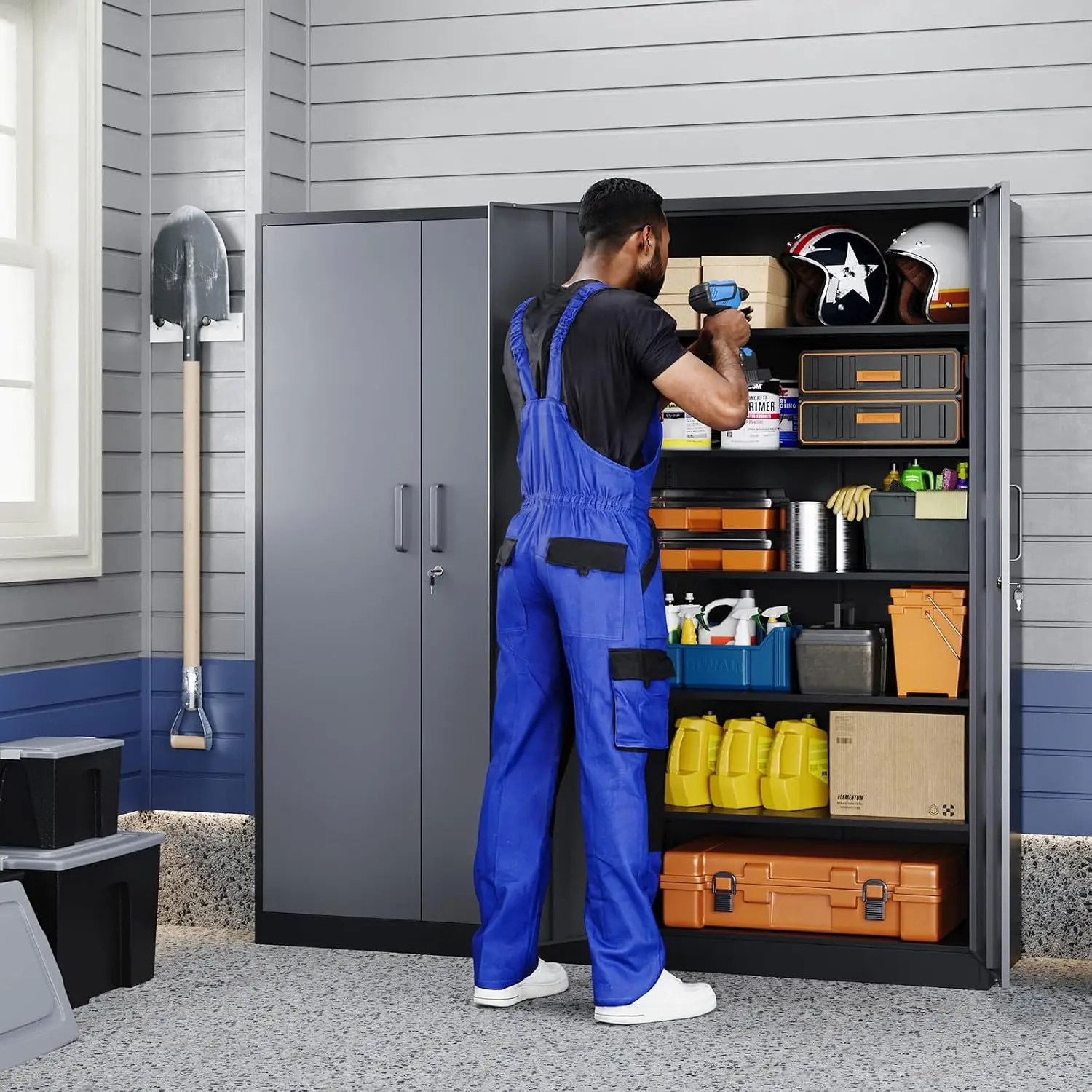 71 Inch Tall Lockable Steel Garage Storage Cabinet with 2 Doors and 5 Adjustable Shelves, Multi‑Use Tool & File Cabinet for Office, Home, Garage, Gym and School, Gray Black