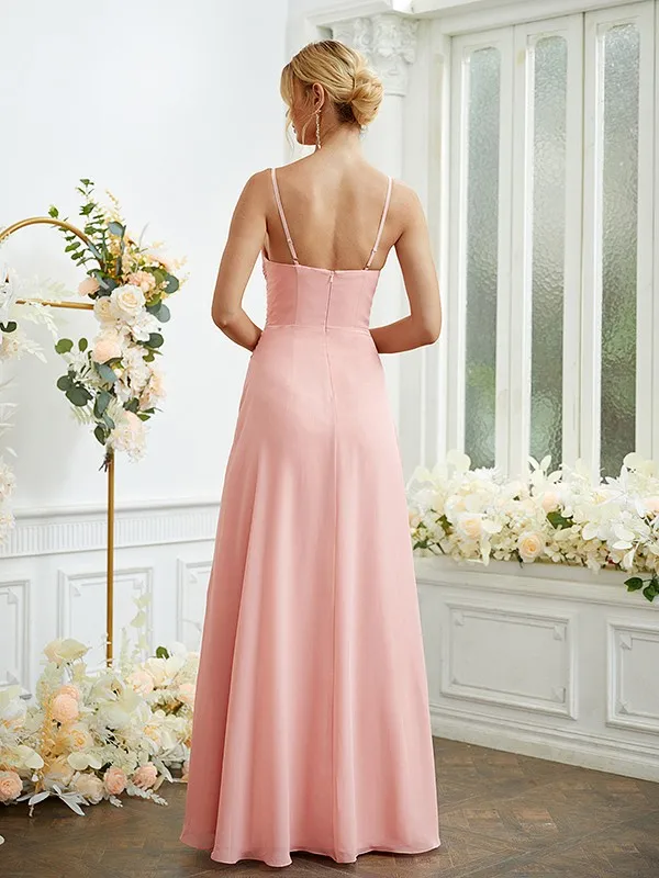 Elegant Long Pink Chiffon Bridesmaid Dresses With Slit A-Line Ruffled Floor Length Zipper Back Wedding Guest Dress for Women