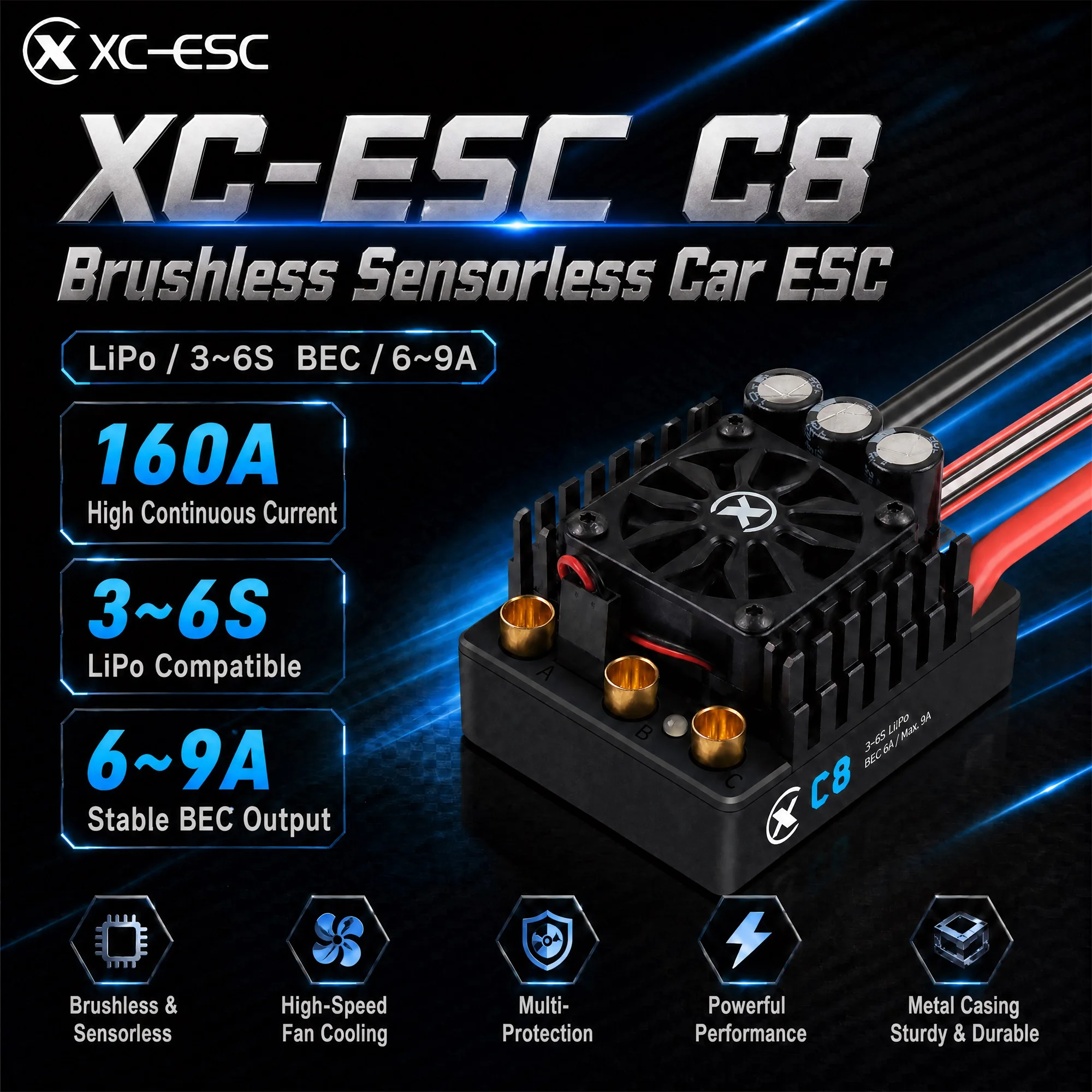 XC-ESC C8 160A 3-6S LiPo Bec 7.4/8.4V Wireless for RC Brushless ESC 1/8 1/7 NEW