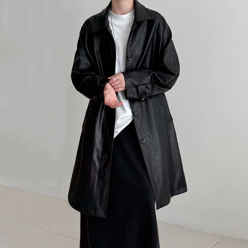 Hksh primavera outono novas mulheres longas jaqueta de couro do plutônio turn-down colarinho único breasted versátil high-end chique trench coat hk12882