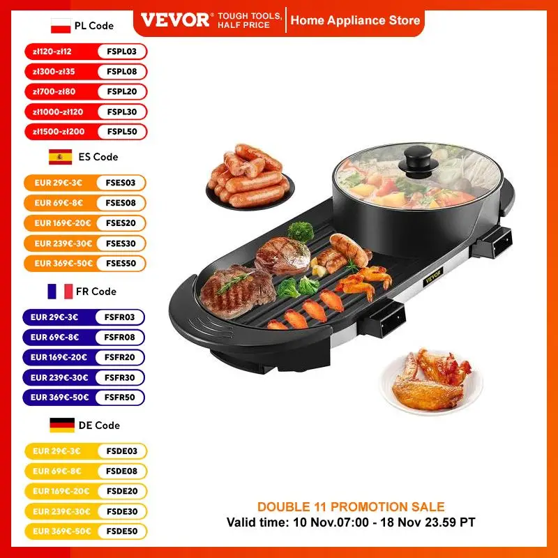 VEVOR 2 in 1 Electric BBQ Pan Grill Hot Pot Portable Smokeless Durable Material Fast Even Heated for Shellfish Vegetables Home