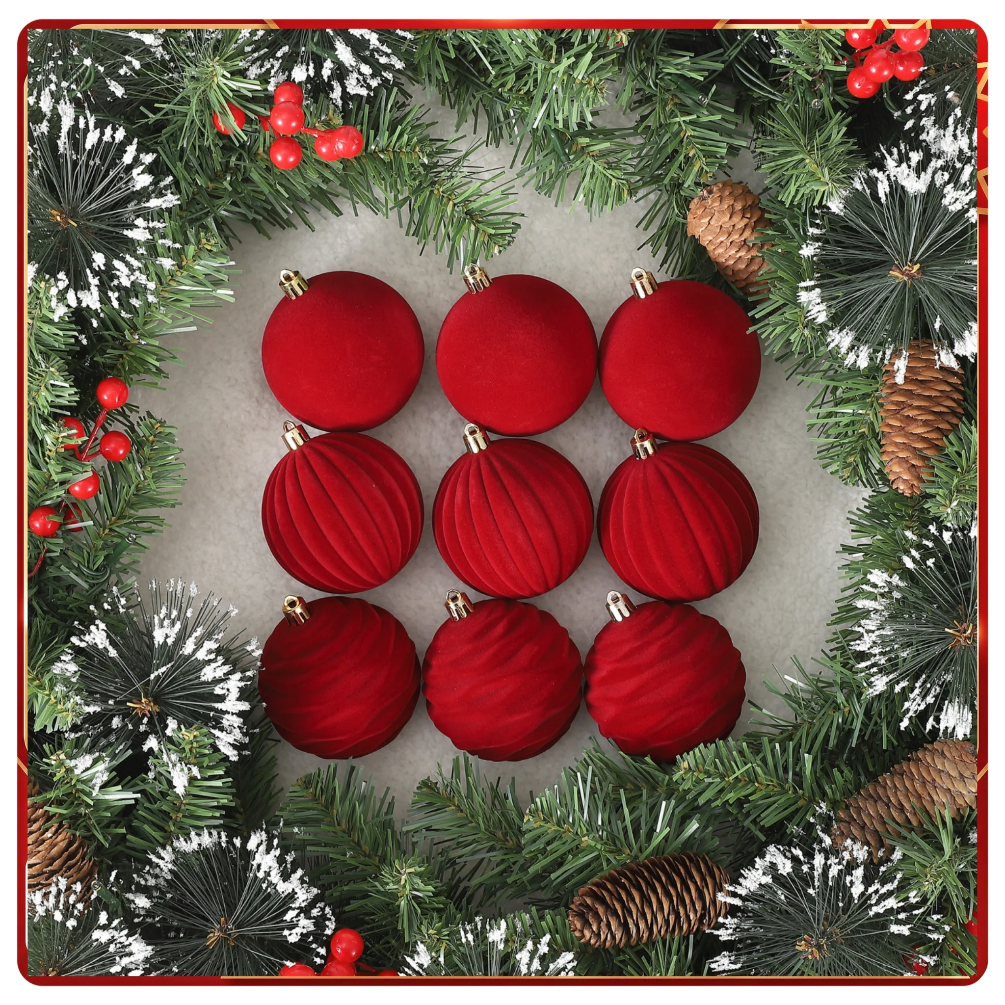 GAOMON Flocked Velvet Christmas Ball Ornaments Set, Shatterproof Plastic Xmas Tree Baubles - Luxury Vintage Textured Finish - Hanging Holiday Decor For Home & Party