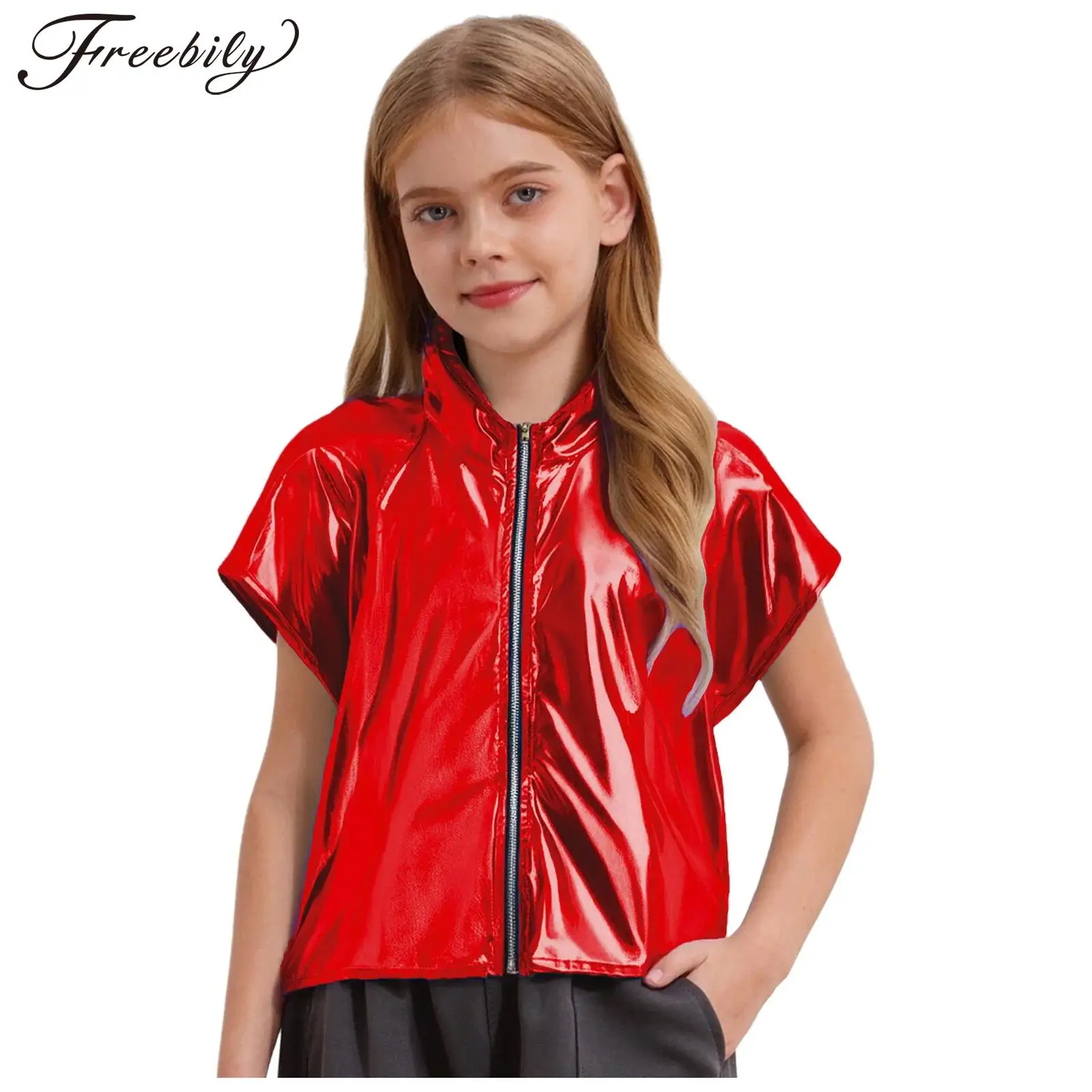 Kids Metallic Shiny Jazz Hip Hop Dance Hooded T-Shirts Vest Sleeveless Zipper Hoodie Top Boys Girls School Party Show Streetwear