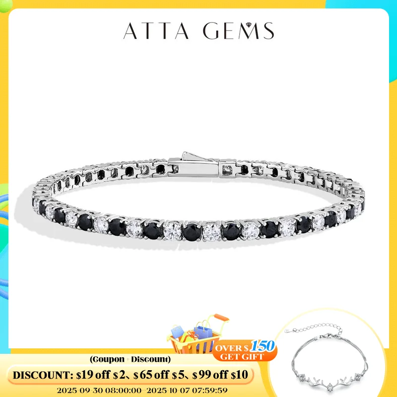 

ATTAGEMS 3.0mm 4.0mm Moissanite Tennis Bracelets for Women Men S925 Sterling Silver Round Cut Black White Moissanite Pass Tester