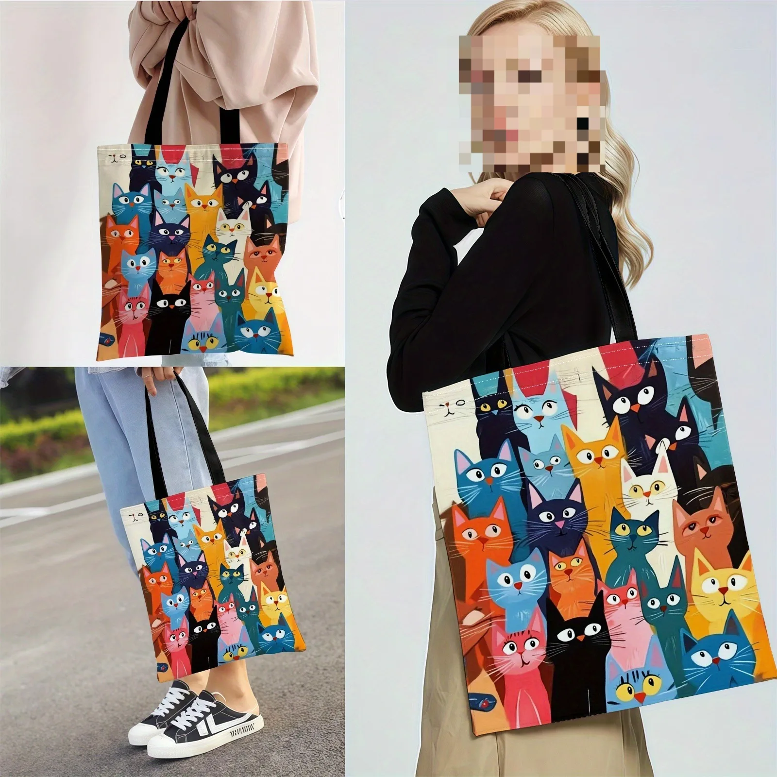 Colorful Kitten Printed Casual Handbag Reusable Fashionable Backpack Multifunctional Shopping Bag 40x38cm