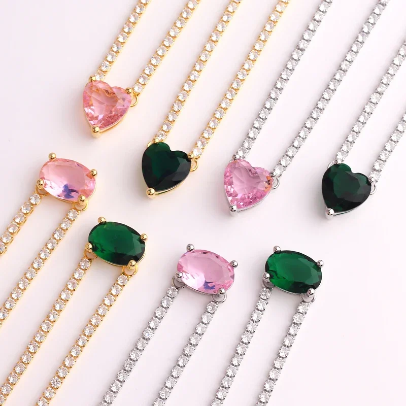 18K Gold Plated Pink Green Heart Pendent CZ Tennis 3A Zircon Paved Crystal Chain Love Choker Necklace For Women Jewelry Gift