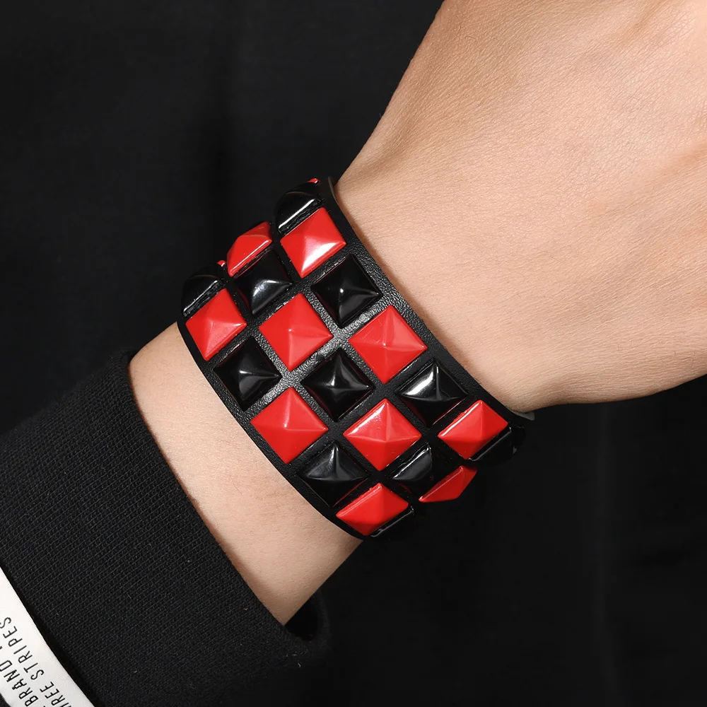 18 Color Punk Hip-Hop Three Rows of Square Rivets PU Leather Big Wide Bracelet For Male Female Buckle Wristband Vintage Jewelry