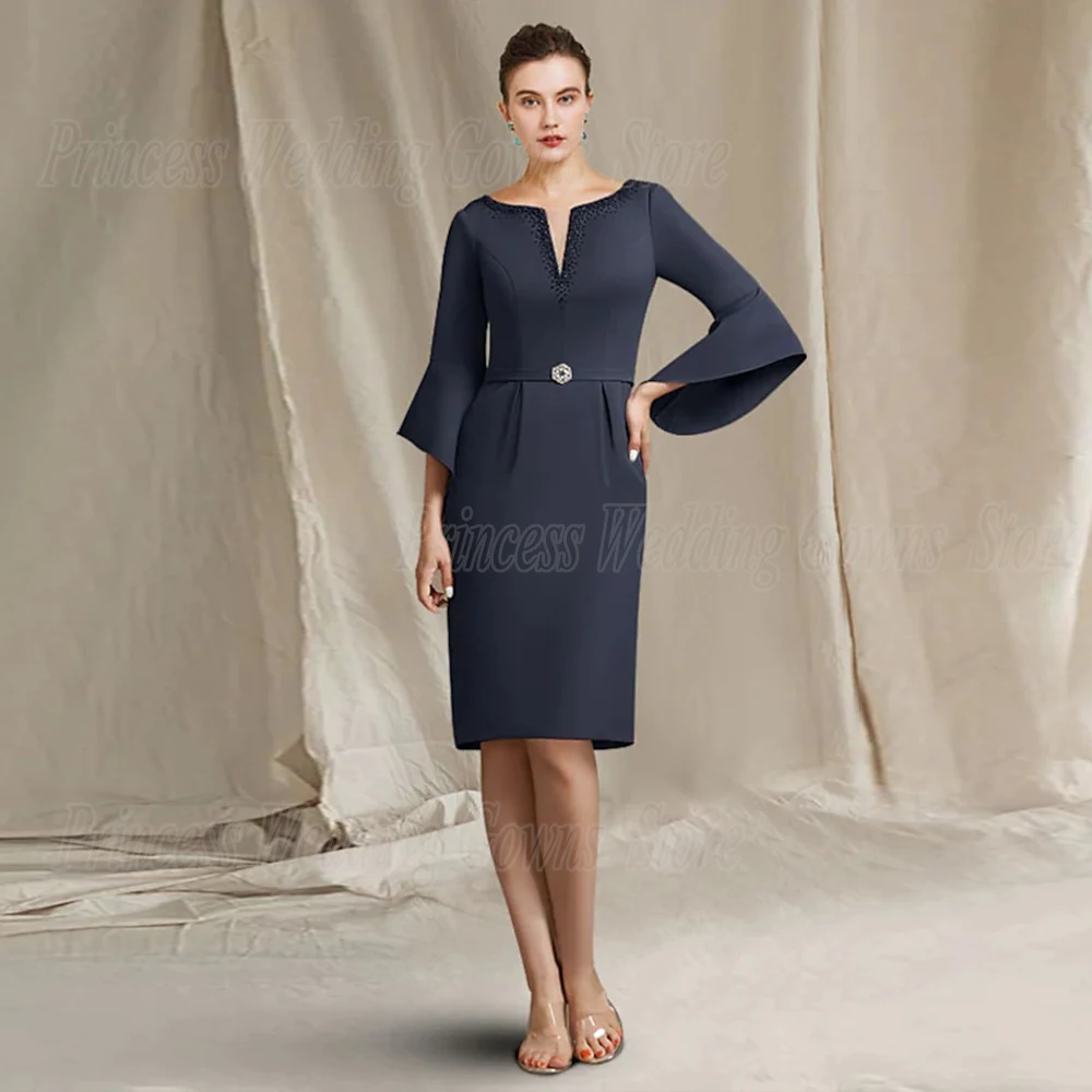 

Formal Staright Party Guest Gown For Woman Weddings With Long Sleeves Elegant Knee Length Godmother Of The Bride V Neck Zipper