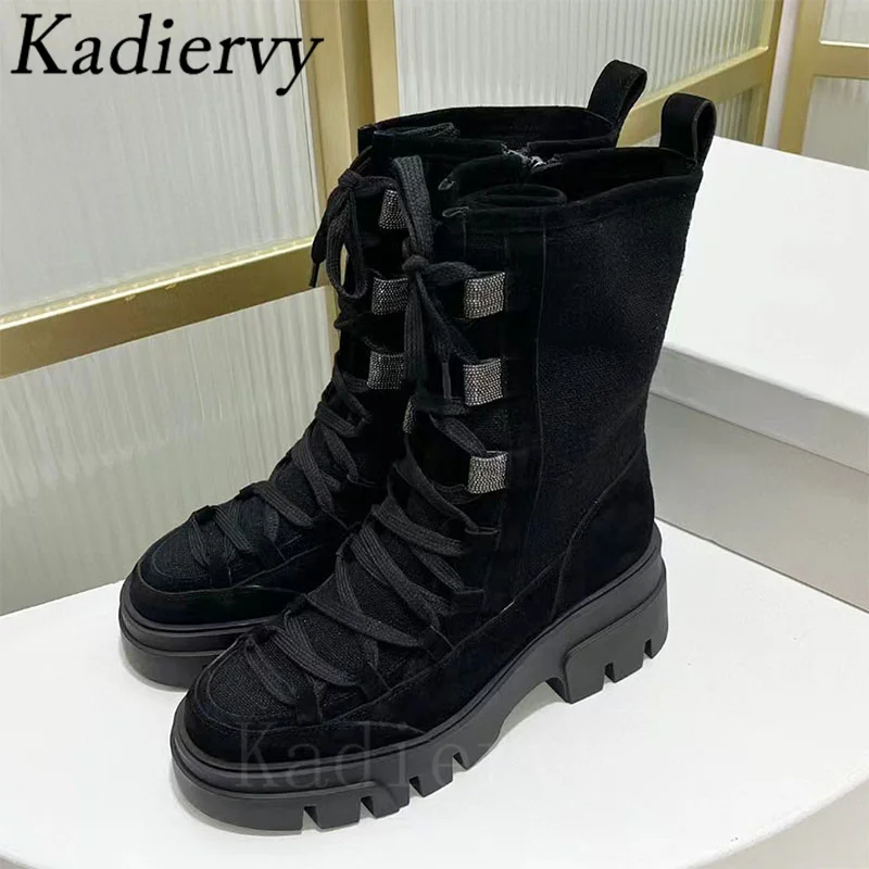 Thick Sole Motorcycle Boots Women Round Toe Lace Up String Bead Flat Shoes Women Cow Suede Patchwork Short Boots Woman