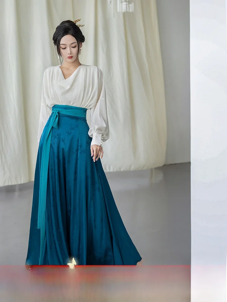 

Dry Original Chinese Sle irt Collar Blouse Versatile Beige Lantern Sve Retro Face Skirt Hanfu Set for Young W...