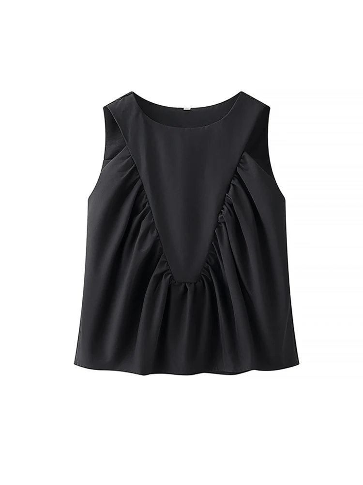 Damenmode-Plisseebluse, ärmellos, O-Ausschnitt, schickes Oberteil, weibliches Hemd, trendiges Kleidungsstück
