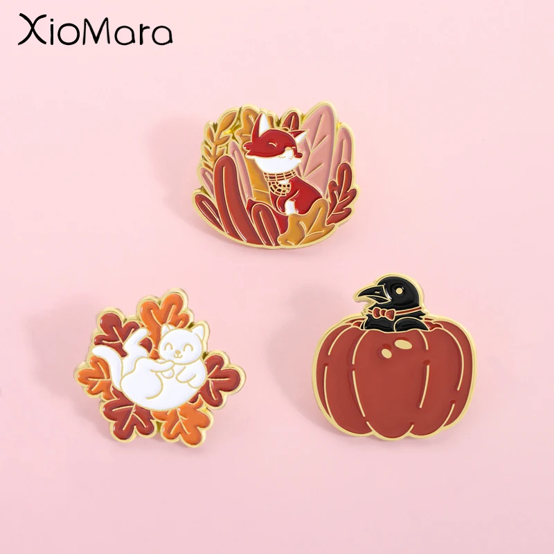 Herbst süße Haustiere Emaille Pin rotes Blatt Kürbis Tier Brosche Revers Rucksack Abzeichen Schmuck Geschenk