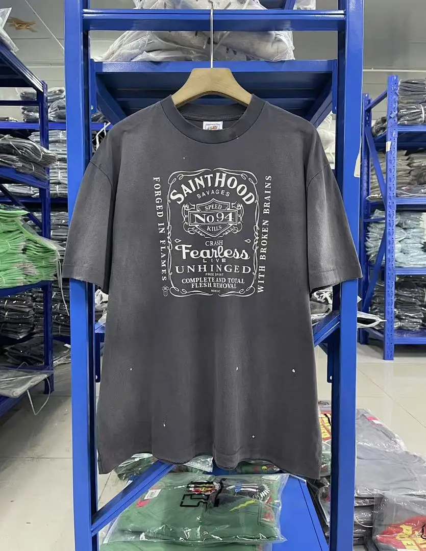 T-shirt vintage délavé Saint x Hood Co-brand en jersey de coton à manches courtes avec imprimé cœur pour femme et homme – Version haut de gamme pour l'été