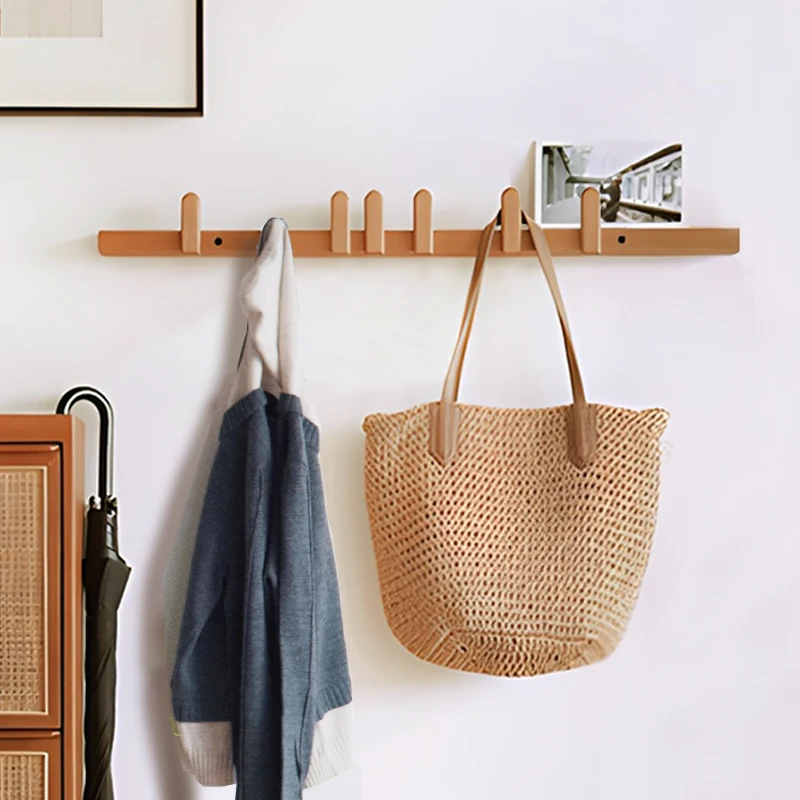 

Wall-Mounted Sliding Coat Rack Expandable Entryway Organizer with 4 Hooks Rustic Wood Shelf for Bags/Hats No-Drill Installation