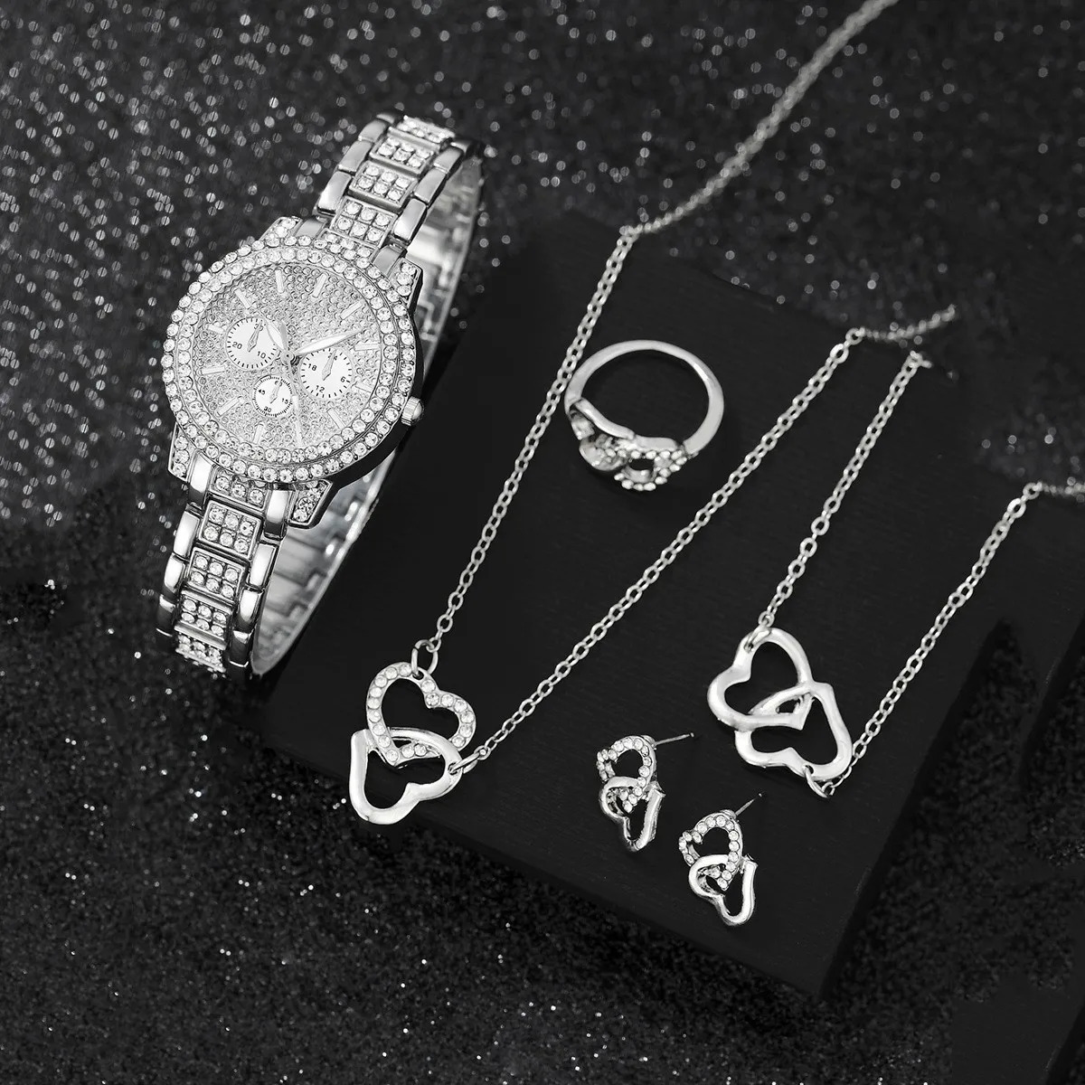 6 قطعة/المجموعة ساعة نسائية موضة كامل الماس الصلب حزام مؤشر كوارتز ساعة قلادة سوار أقراط طقم مجوهرات (بدون صندوق) #2