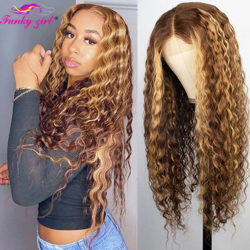 Water Wave Highlight Lace Front Human Hair Wig Highlighted Curly Lace Frontal Wigs For Women Brazilian Lace Closure Pre Plucked