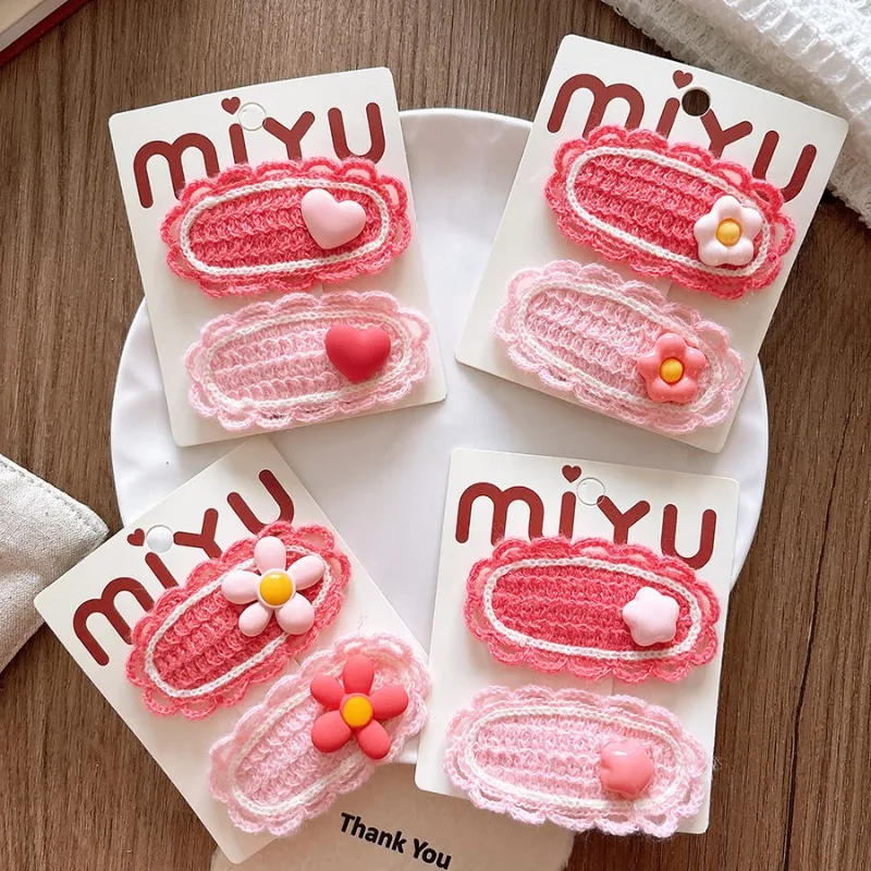 2pcs/set Pink Color Kids Hair Clip for Girl Fashion Floral Heart Children's BB Clip Sweet Knitted Barrettes Hair Accessories