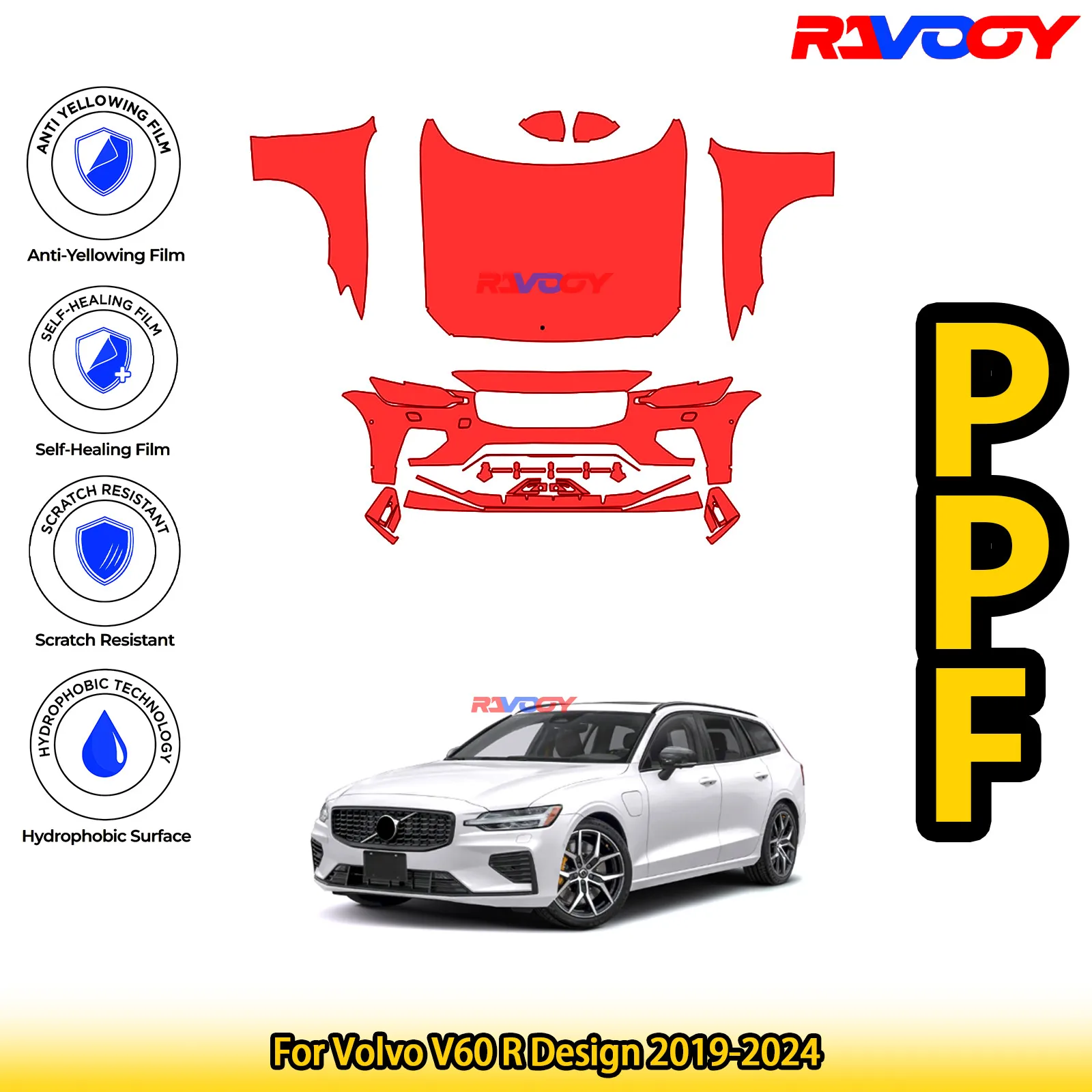 

For Volvo V60 R Design 2019-2024 Glossy Matte Black Precut front PPF Kit Paint Protection Film