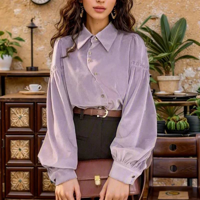 Autumn Solid Color Casual Loose Clothes Hong Kong Style Vintage Long Sleeve Shirt Women Tops Elegant Purple Blouse Blusas 29832