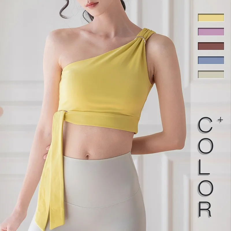 

Women Single Shoulder Gym Vests with Chest Pads Fitness Crop Tops Gym Tank Tops with Bras Sports Yoga Shirts Female Sportswears