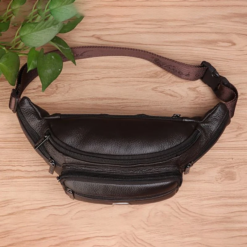 Genuine Leather Men Waist Fanny Pack Bags Sling Chest Pocket Pouch Travel Hiking Male Real Cowhide Loop Hip Belt Bum Bag