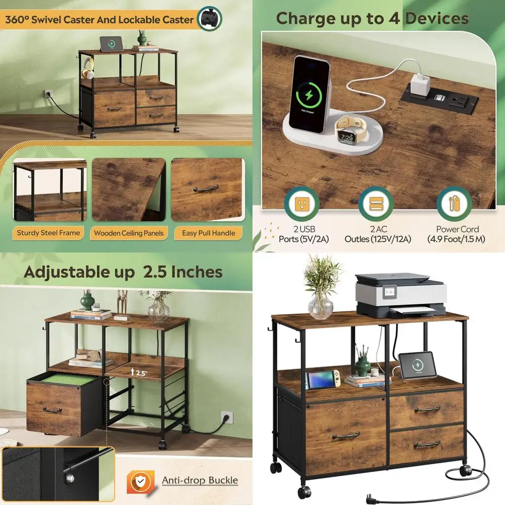 

3-Drawer Mobile File Cabinet, Rolling Printer Stand with Storage, A4/Letter Size Filing, Adjustable Home Office Shelf, Rustic Br