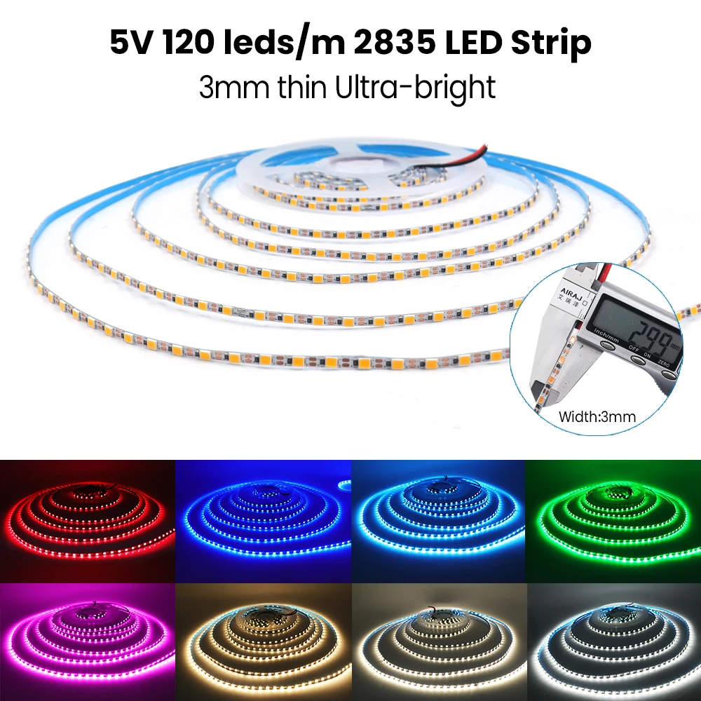 5m 5V DC 2835 LED Strip 120LEDs/m Flexible Tape 3mm PCB IP20 No Waterproof Warm Natural Cool White Red Blue Green Pink Ice Blue