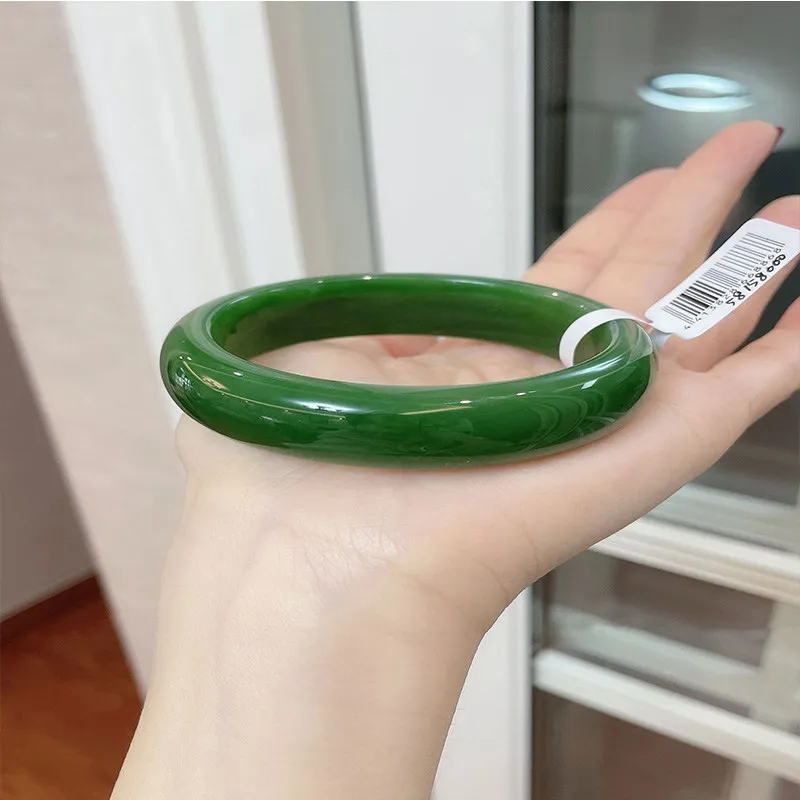 

Natural spinach green jade bracelet women's flat strip Qinghai material clear water jadeite jade bracelet