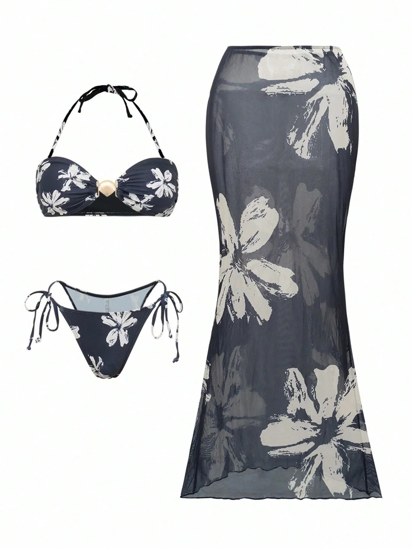 

Комплект бикини с цветочным принтом, декором в виде ракушек и открытой спиной, с сетчатой юбкой макси