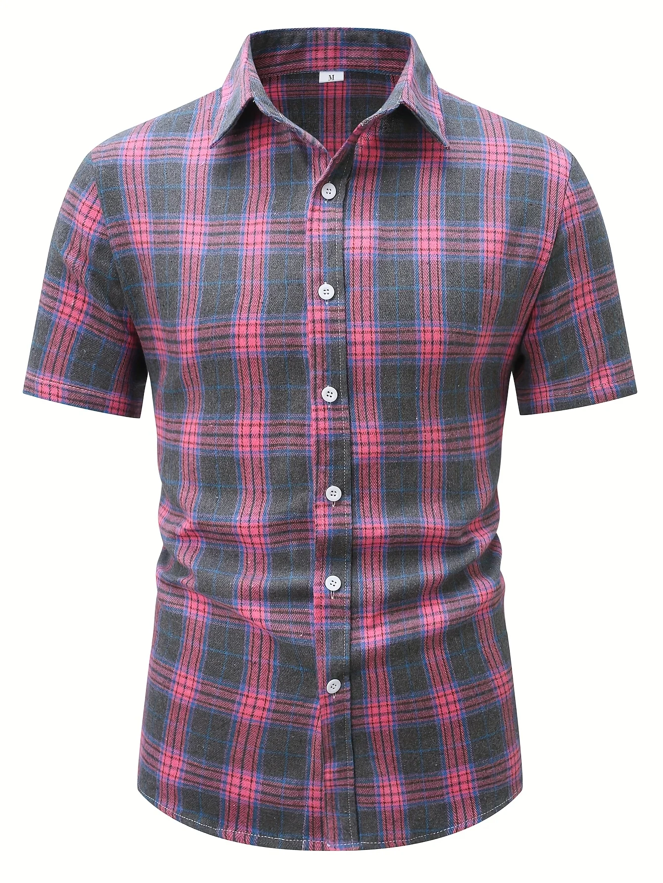 Men Red Grey Vintage Plaid Slim Fit Daily Commute Short Sleeve Shirt