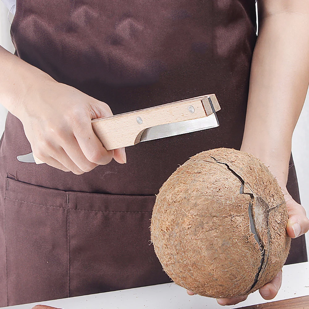 Stainless Steel Coconut Opener, Fruit Opener, Double Ended Cutter with Wooden Handle, Coconut Shell Knife, Kitchen Gadget