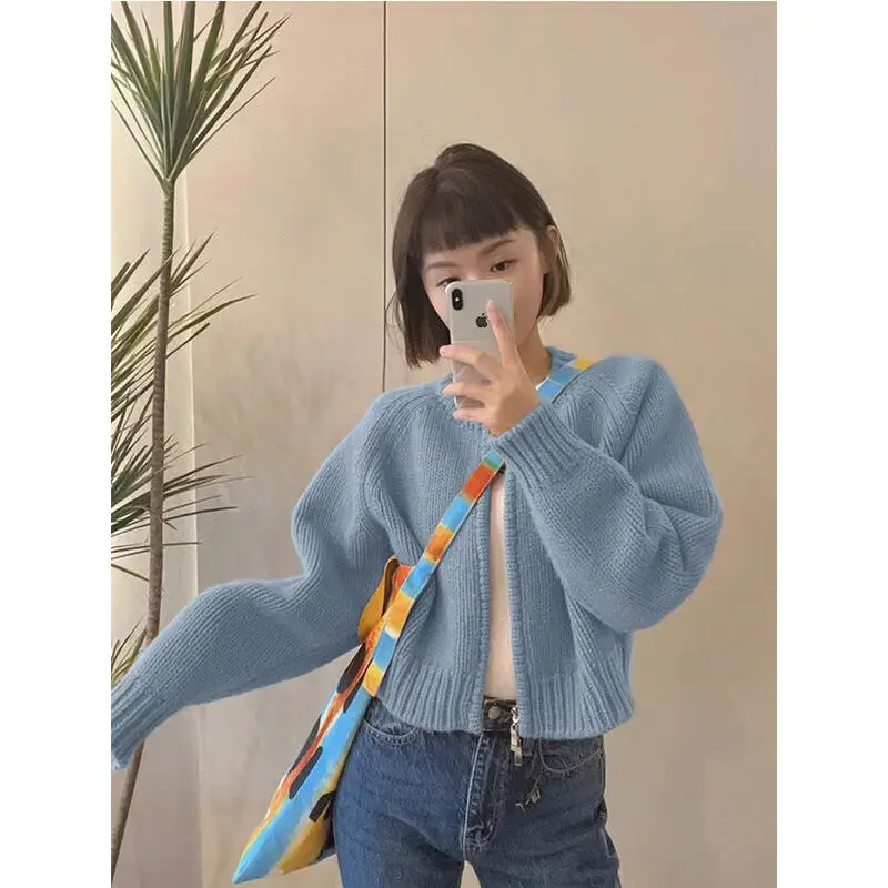 Zipper Cardigan Long Sleeved Knitted Top Loose Thickened Grey Cropped Sweater Coat Women's Clothing Autumn Winter Round Neck Top