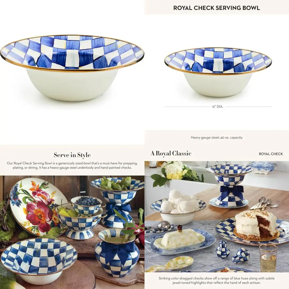 

Сине-белая эмалированная сервировочная миска в королевскую клетку, 12 дюймов, большая декоративная миска для сервировки