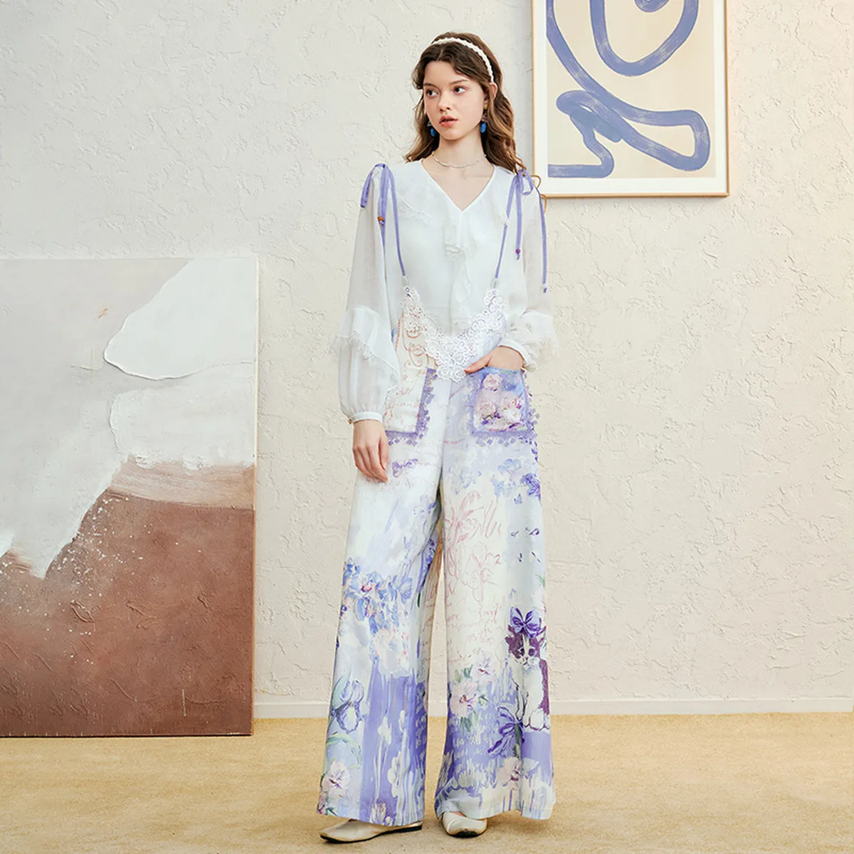 Spring Flower Cat Straps Loose Casual Pants