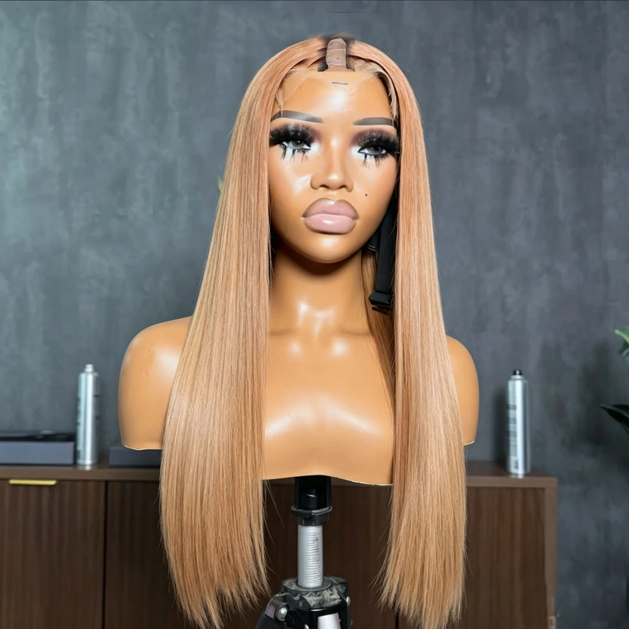 Lange, seidig glatte, blonde, aschbraune U-Part-Perücke, Top-Qualität, weiches 100% Echthaar für Damen, V-Form-Perücke, 200% Dichte, volle Spitze – Detail 1