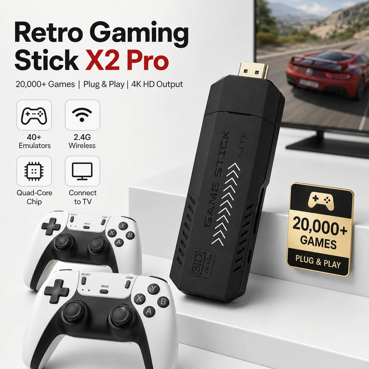 X2PRO 4K HDMI TV Game Stick Retro Game Console with 2.4G Wireless Dual Gamepads Built-in Mass Classic Arcade Games Plug and Play