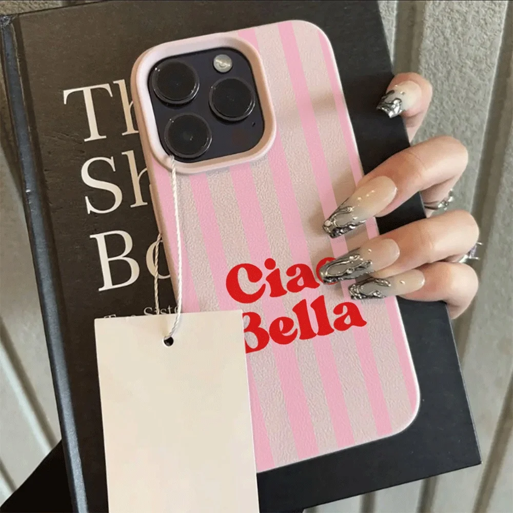 Ins Style Ciao Bella Rosa Gestreifte Handyhülle für iPhone 17 16 15 14 13 12 11 Pro Max Plus X XR Silikon Matt Stoßfeste Hülle – Detail 8