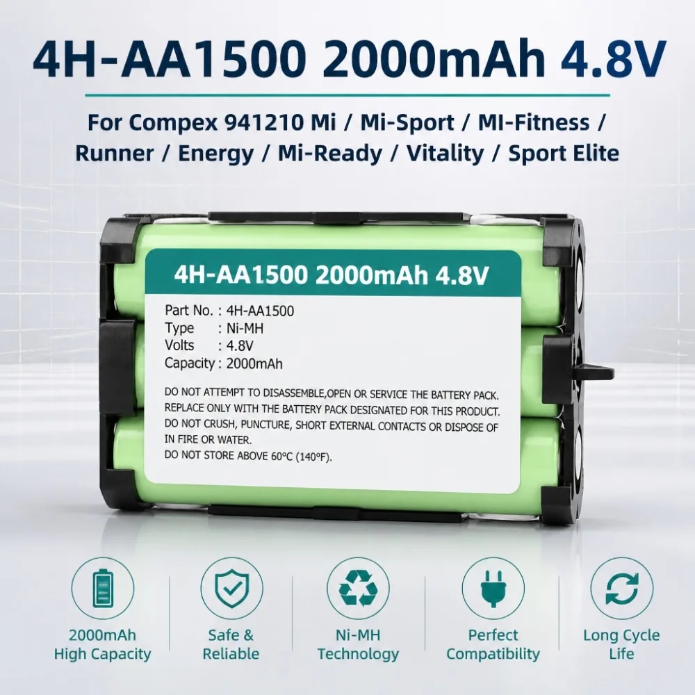 4H-AA1500 Battery 2000mAh 4.8V Ni-MH For Compex Mi-Sport MI-Fitness Runner Vitality Sport Elite HighCapacity Replacement Battery