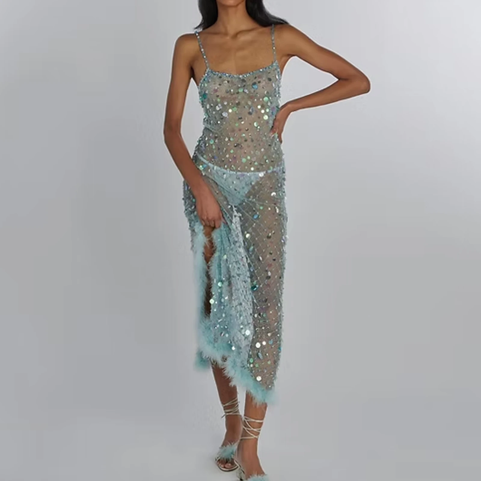 Combhasaki Women Summer Adjustable Spaghetti Straps Backless Shiny Sequins See-through Sheer Side Split Feather Trim Long Dress