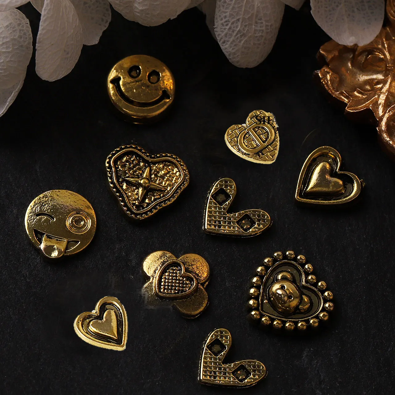 10pcs Retro Heart Nail Art Charm 3D Alloy Flower Smiling Face  Nail Decoration DIY Lovely Relief Letter Nail Accessories