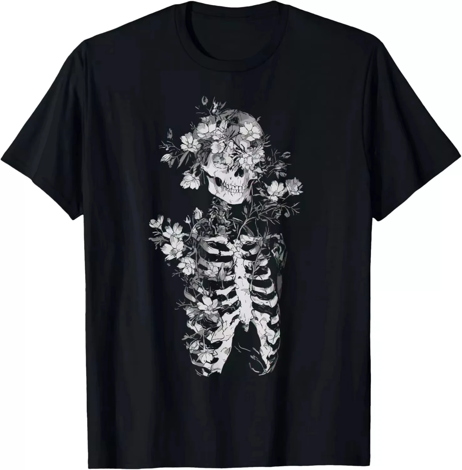 Floral Skull Flower Graphic Tee Unisex Round Neck Goth Occult Dark Alt Aesthetic Y2K Harajuku Summer Casual Streetwear Tops