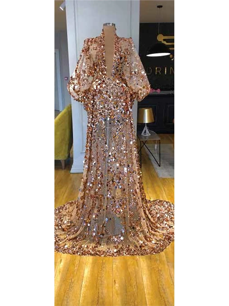 Luxury Golden Formal Prom Dress Long Puff Sleeves Sparkly Sequins Illusion Tulle Evening Party Gown Custom Made Robes De Soirée