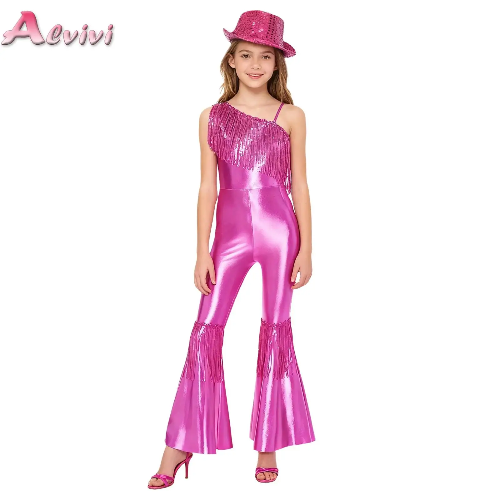 Kids Girls Shiny Sequin 70S Disco Flared Jumpsuit with Hat Halloween Tassels Hippie Metallic Bell Bottom Party Romper Dancewear